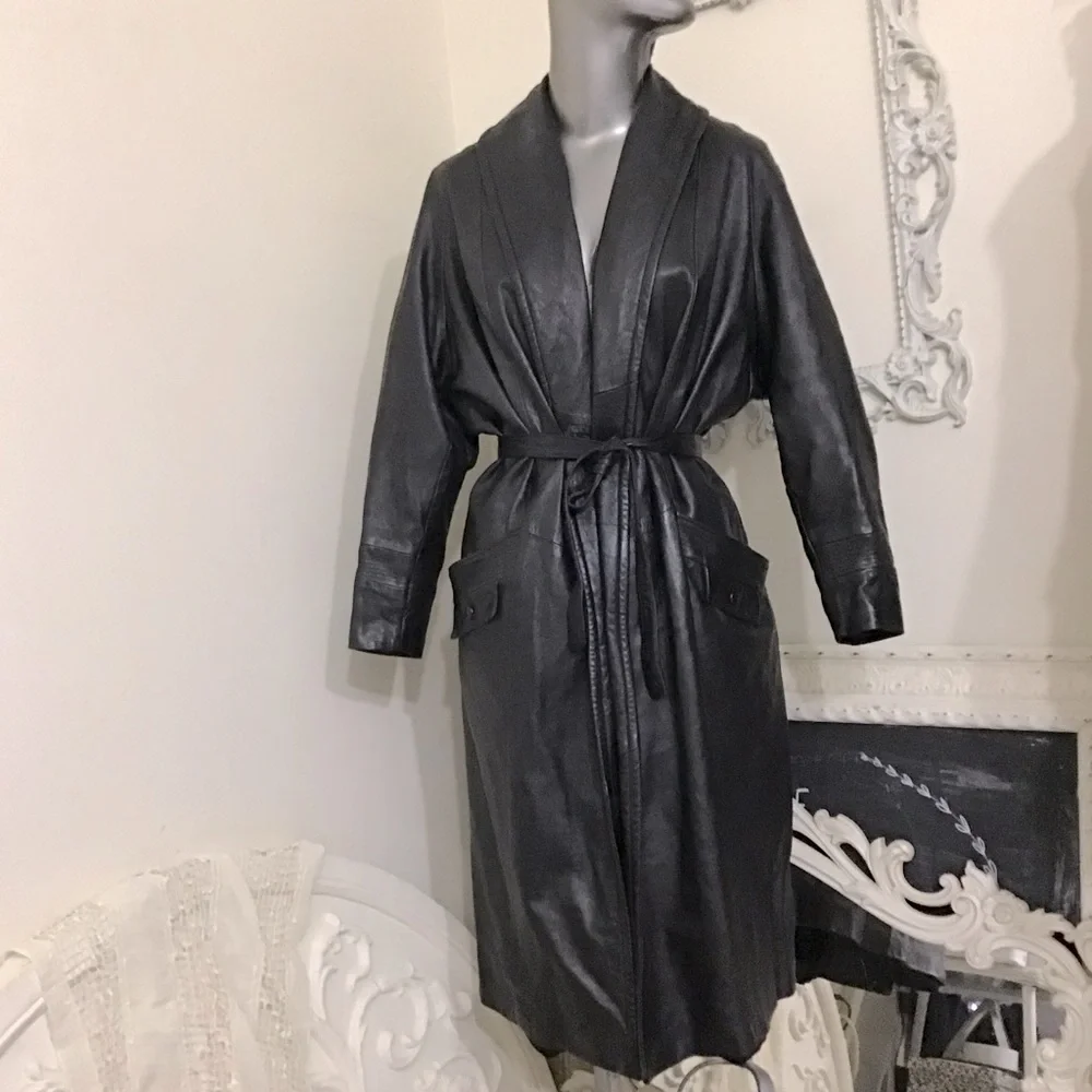 VINTAGE Black Leather Maxi Coat - Picture 12 of 12